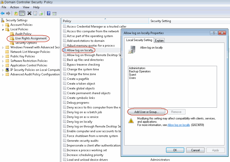 user rights assignment domain controller
