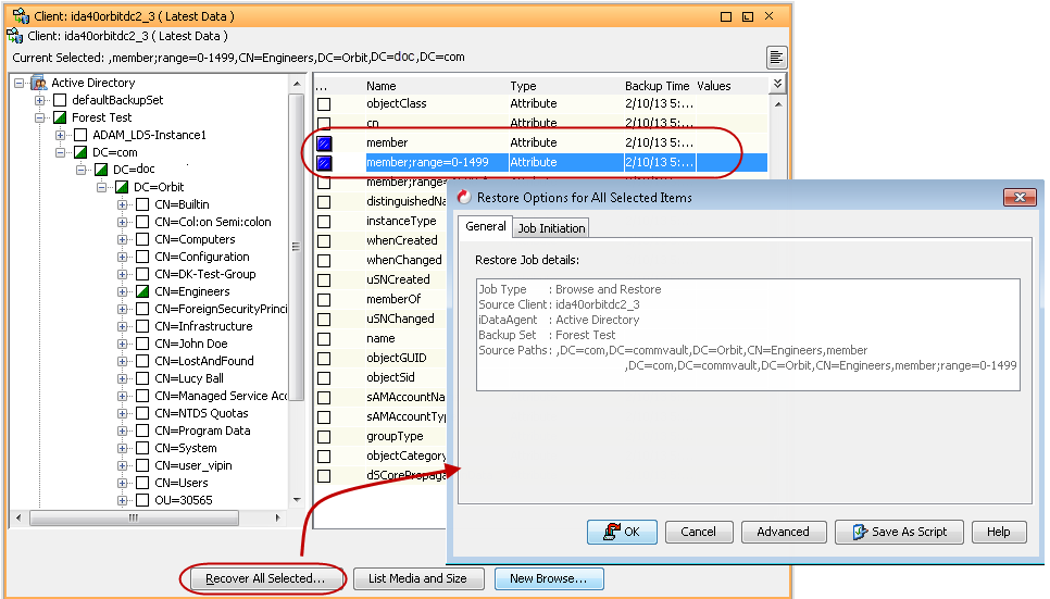 Advanced Restore - Active Directory iDataAgent