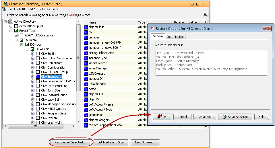 Advanced Restore - Active Directory iDataAgent