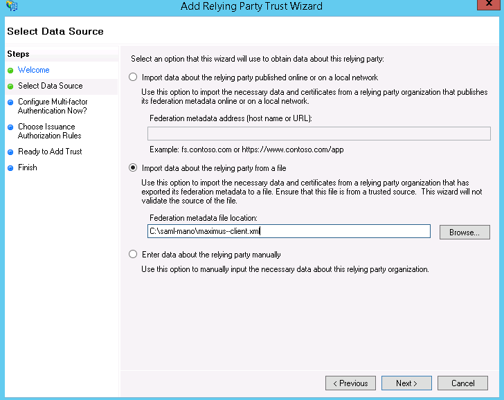 AD FS select data source wizard page