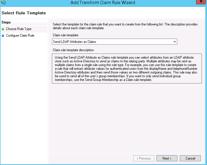 AD FS select rule template wizard page