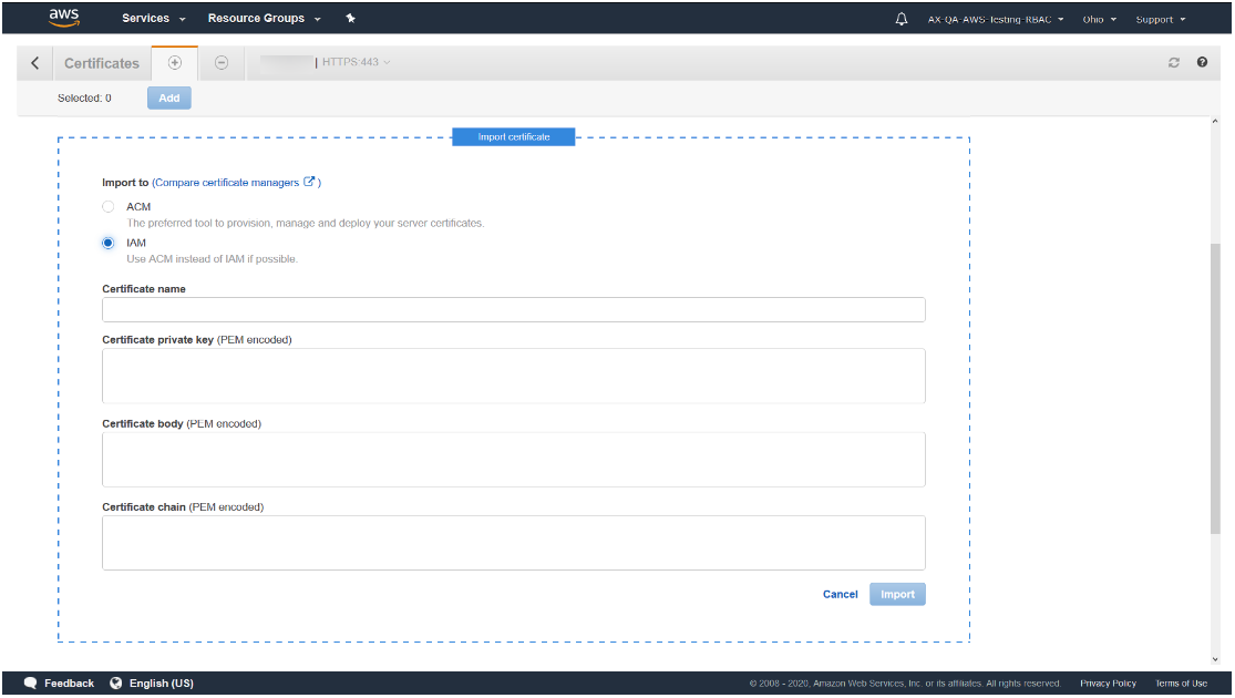 Import certificate to IAM