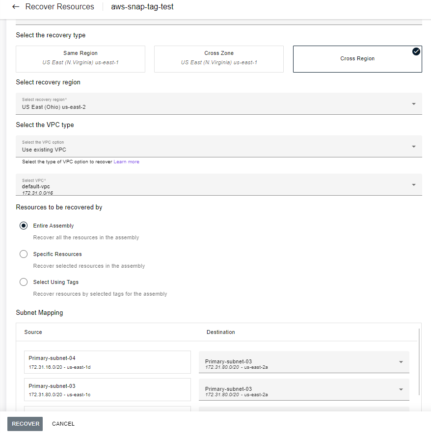 Recovering to Other Region Existing VPC