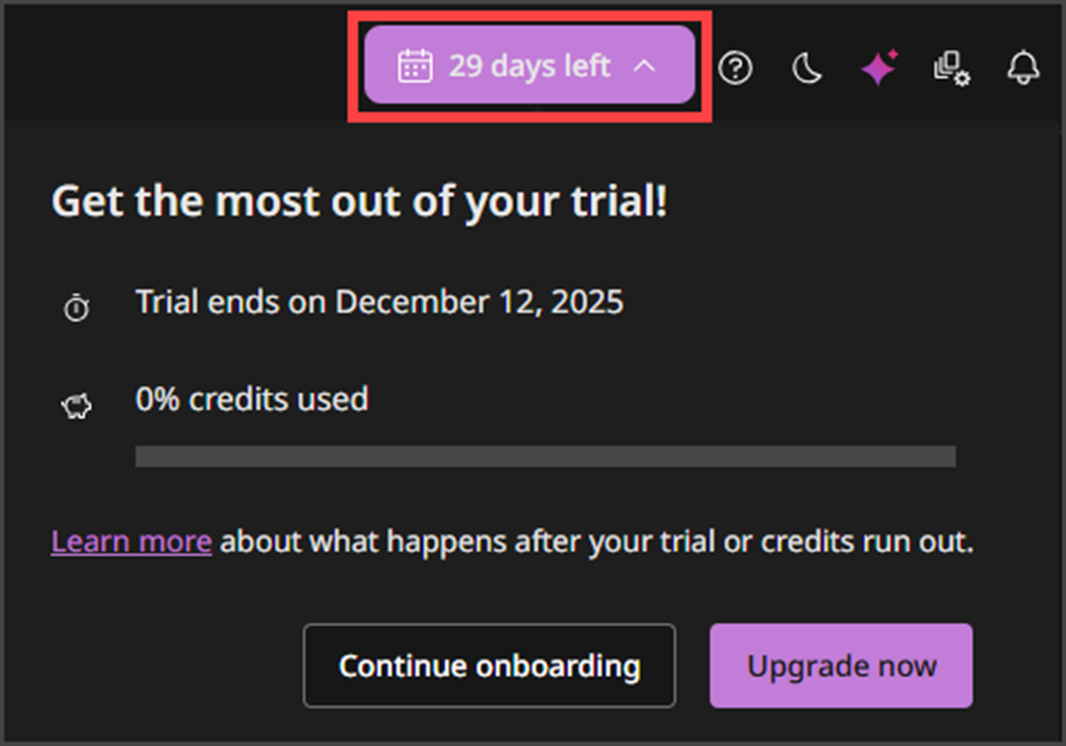 Marketplace trial usage banner