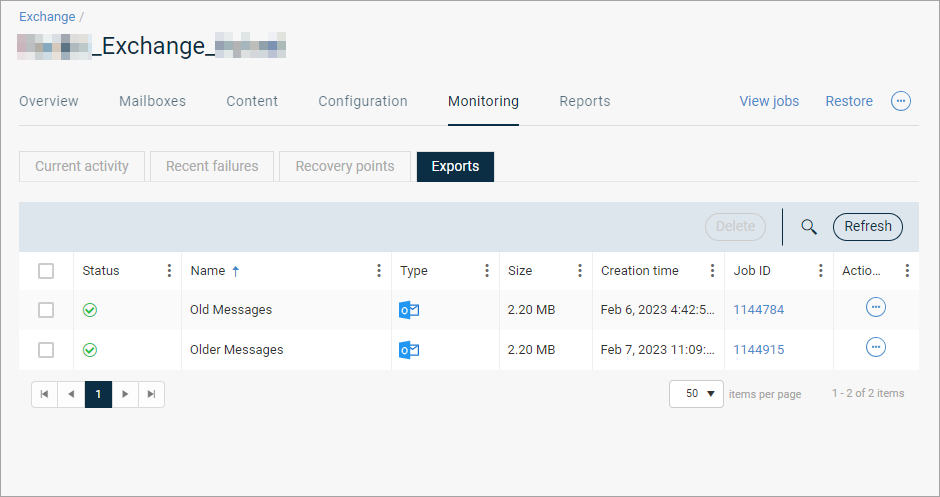 Excchange Monitoring tab Exports tab