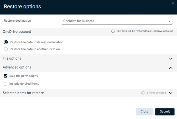 OneDrive for Business Self Service Restore In Place Options