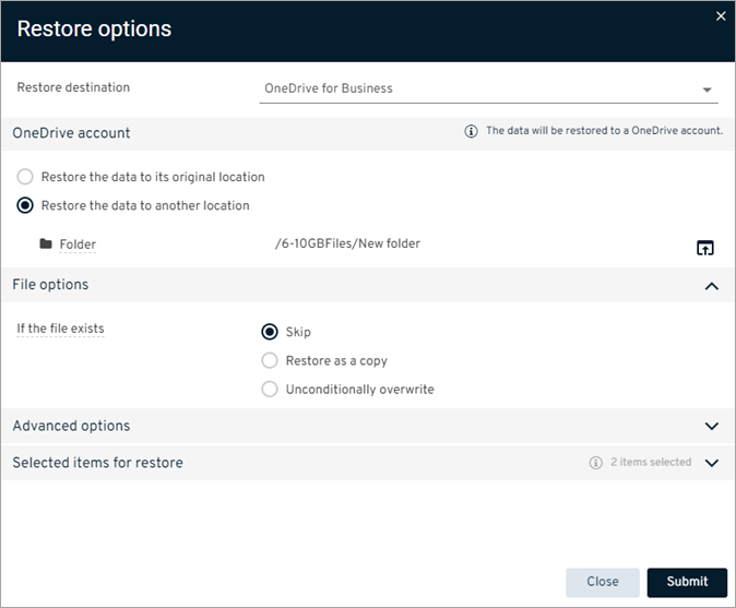 OneDrive for Business Self Service Restore Out of Place Options